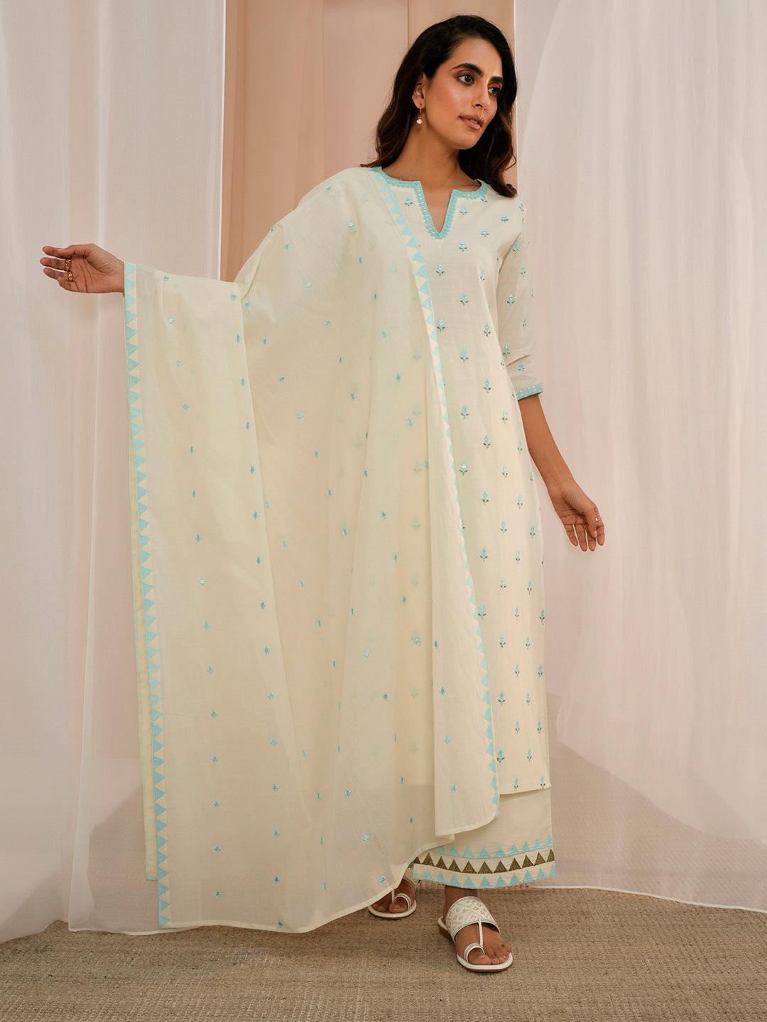 Off White Embroidered Cotton Straight Suit With Dupatta