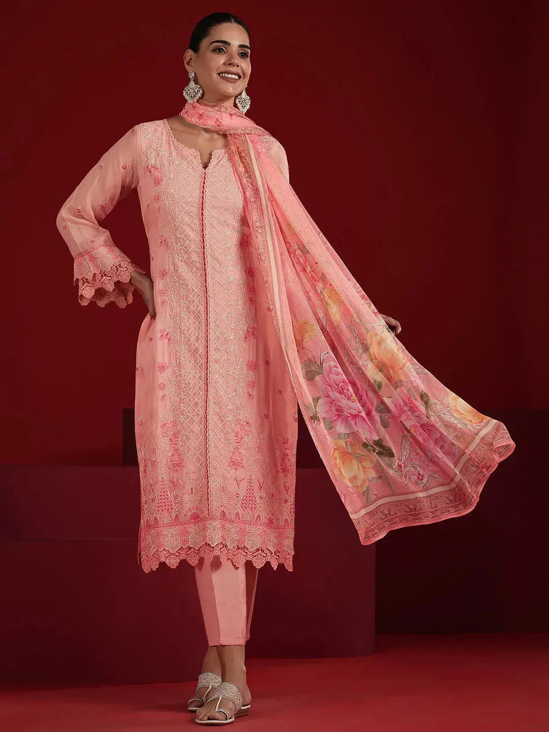  Libas Art Peach Embroidered Organza Straight Suit Set With Dupatta 