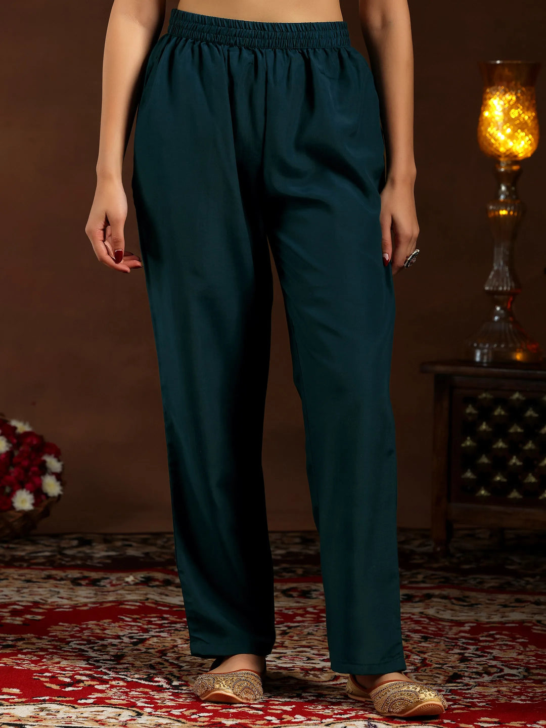  Teal Embroidered Silk Blend Straight Suit With Dupatta 