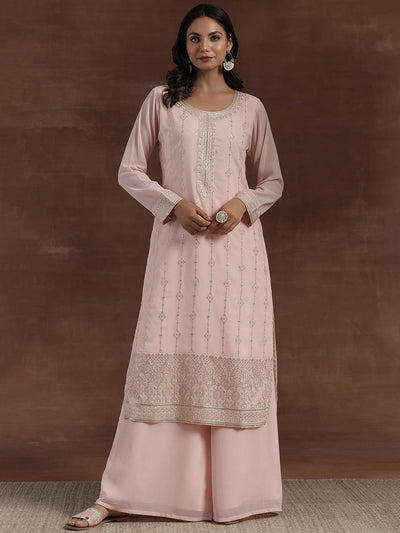 Peach Embroidered Georgette Straight Suit With Dupatta - Libas