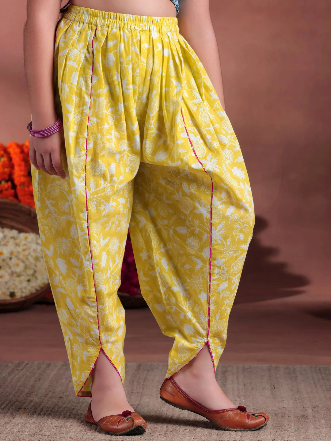  Kids Lime Green Printed Cotton A-Line Kurti With Salwar 
