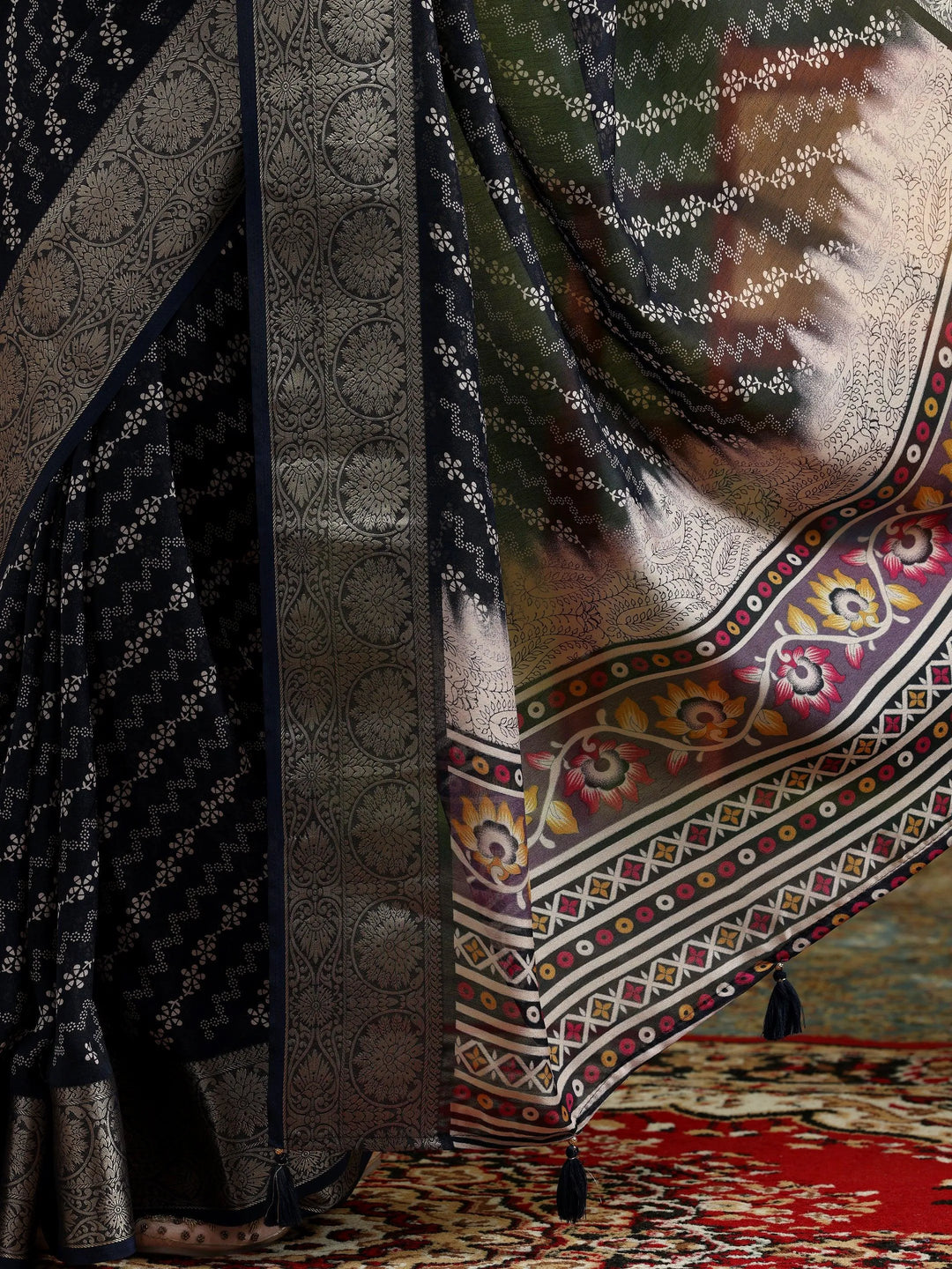 Blue Printed Silk Blend Saree With Unstitched Blouse Piece - Libas 