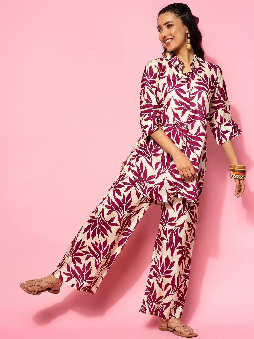 Beige Printed Silk Blend Co-Ords - Libas 