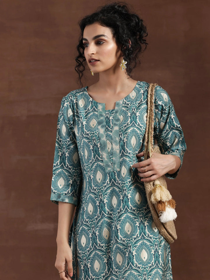 Blue Printed Silk Blend Straight Kurta Set - Libas