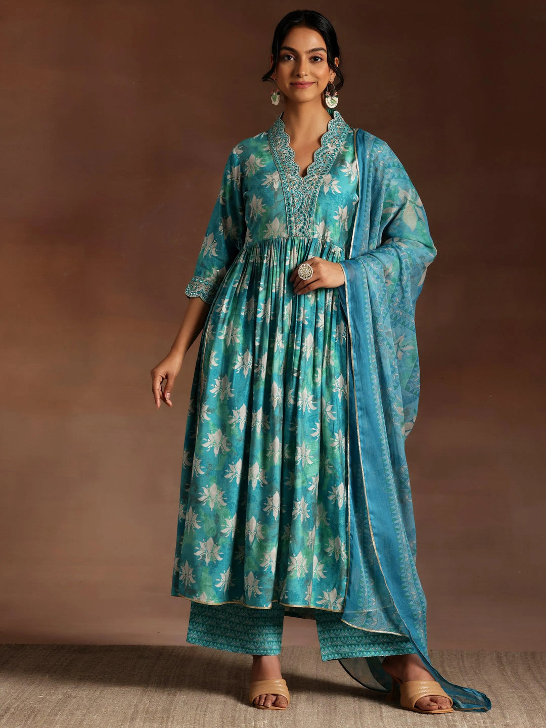 Blue Printed Silk Blend A-Line Kurta With Palazzos & Dupatta - Libas