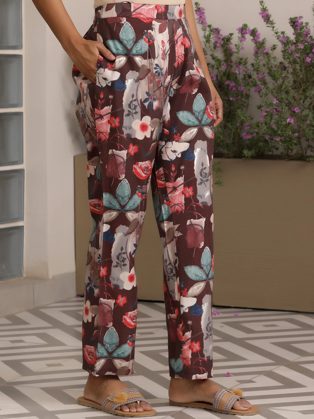  Brown Printed Silk Blend Co-Ords 
