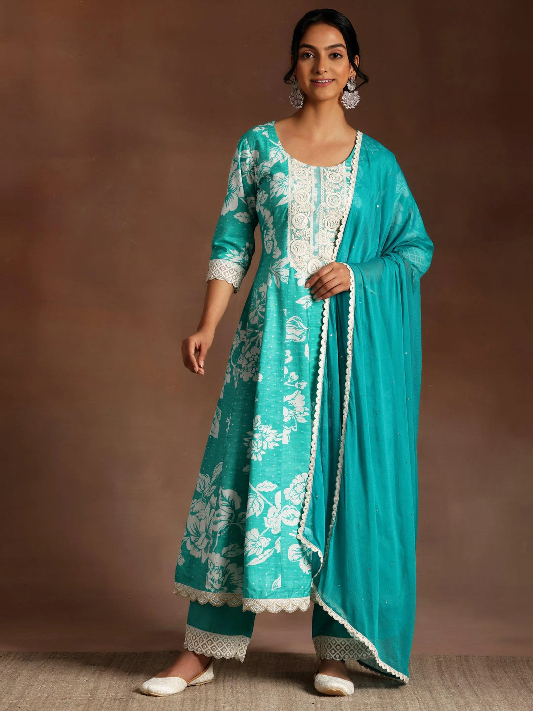 Abidaah Green Printed Silk Blend A-Line Kurta With Trousers & Dupatta - Libas 