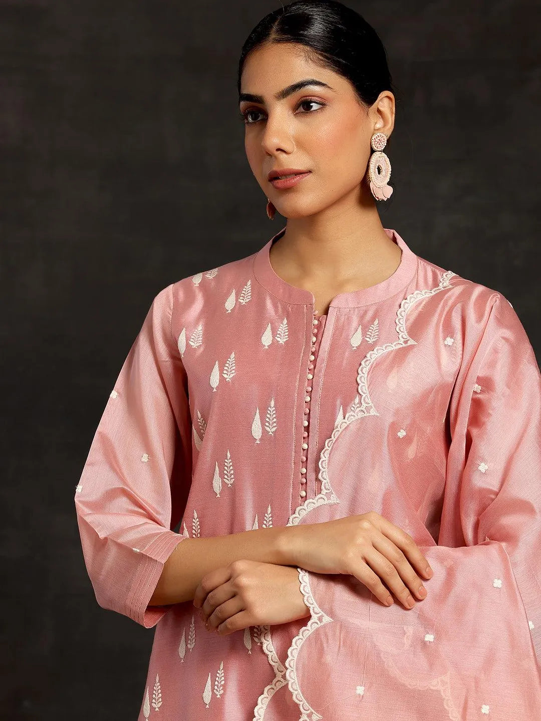 Peach Embroidered Chanderi Silk Straight Suit With Dupatta - Libas 