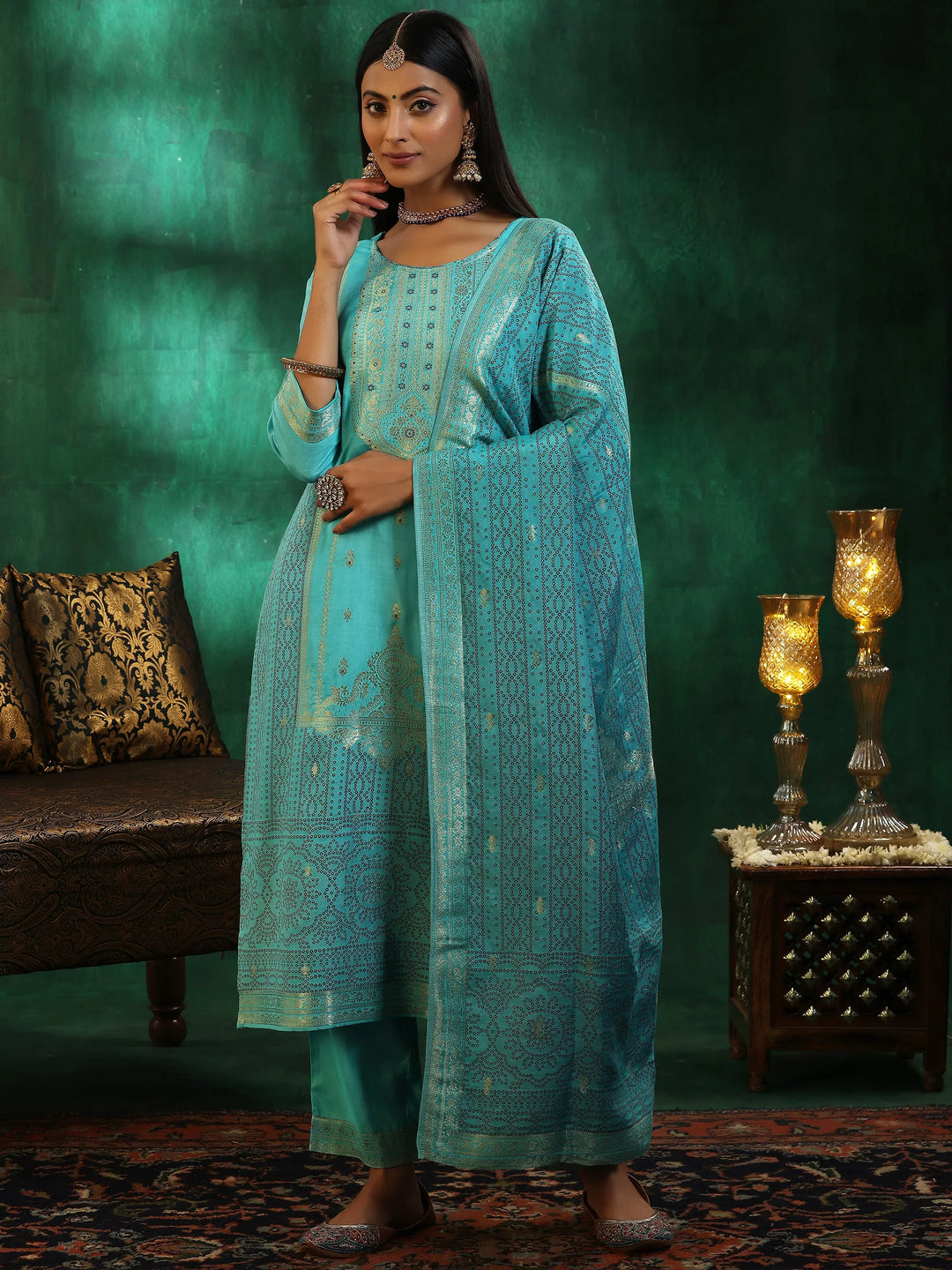  Turquoise Blue Woven Design Silk Blend Straight Suit With Dupatta 
