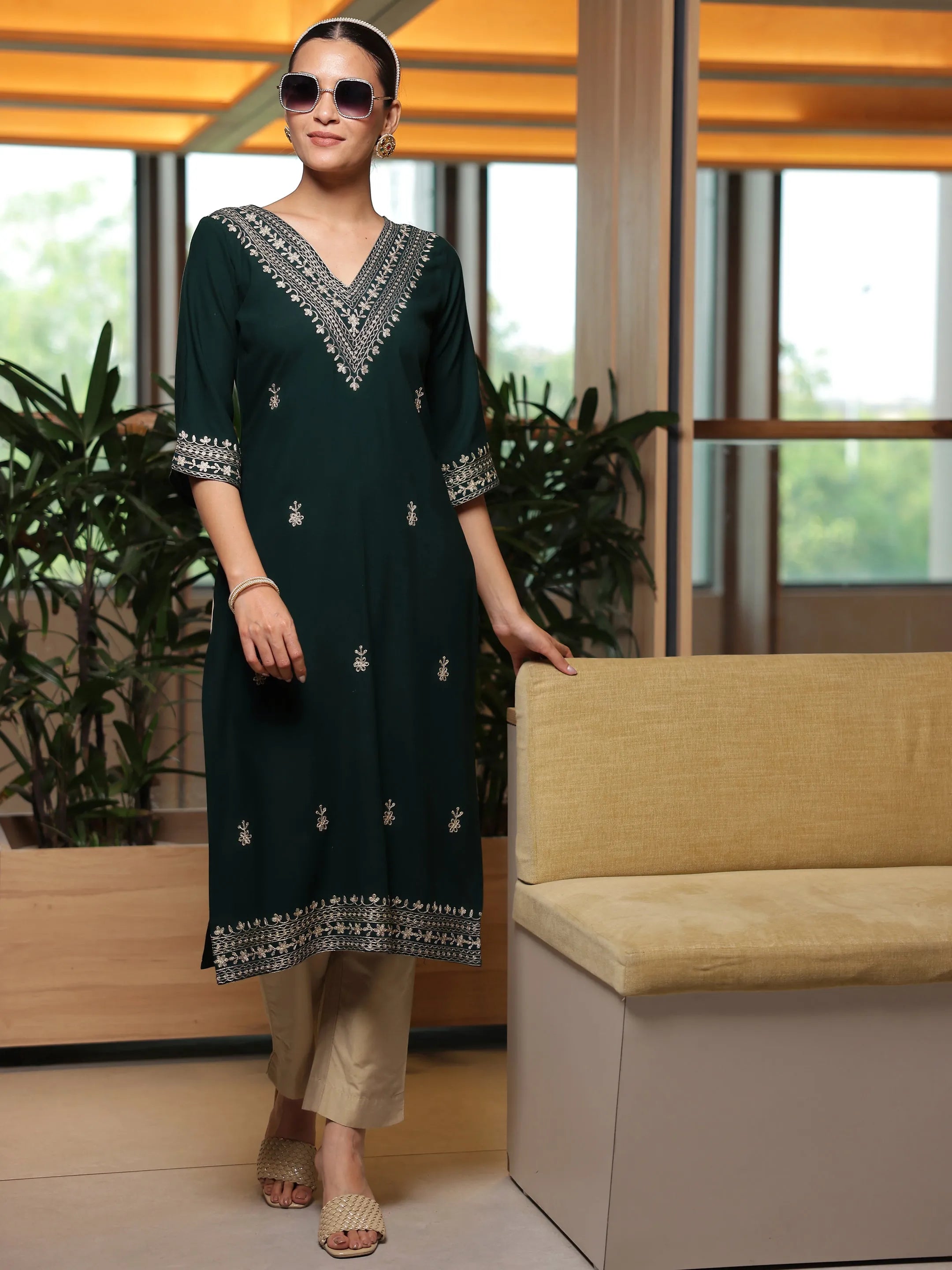 libas Green Embroidered Rayon Straight Kurta-picture-60