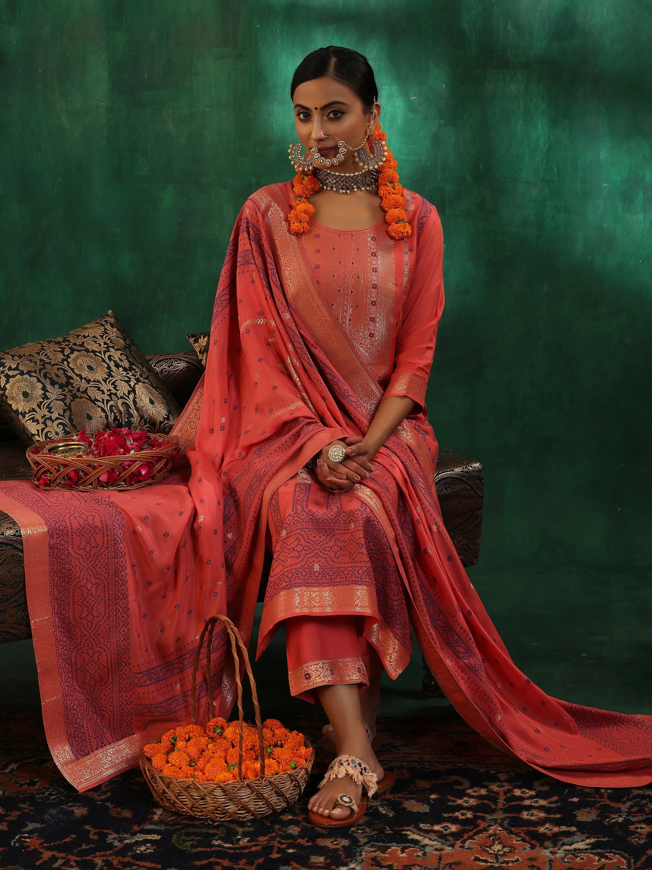 Peach Woven Design Silk Blend Straight Suit With Dupatta-image-12