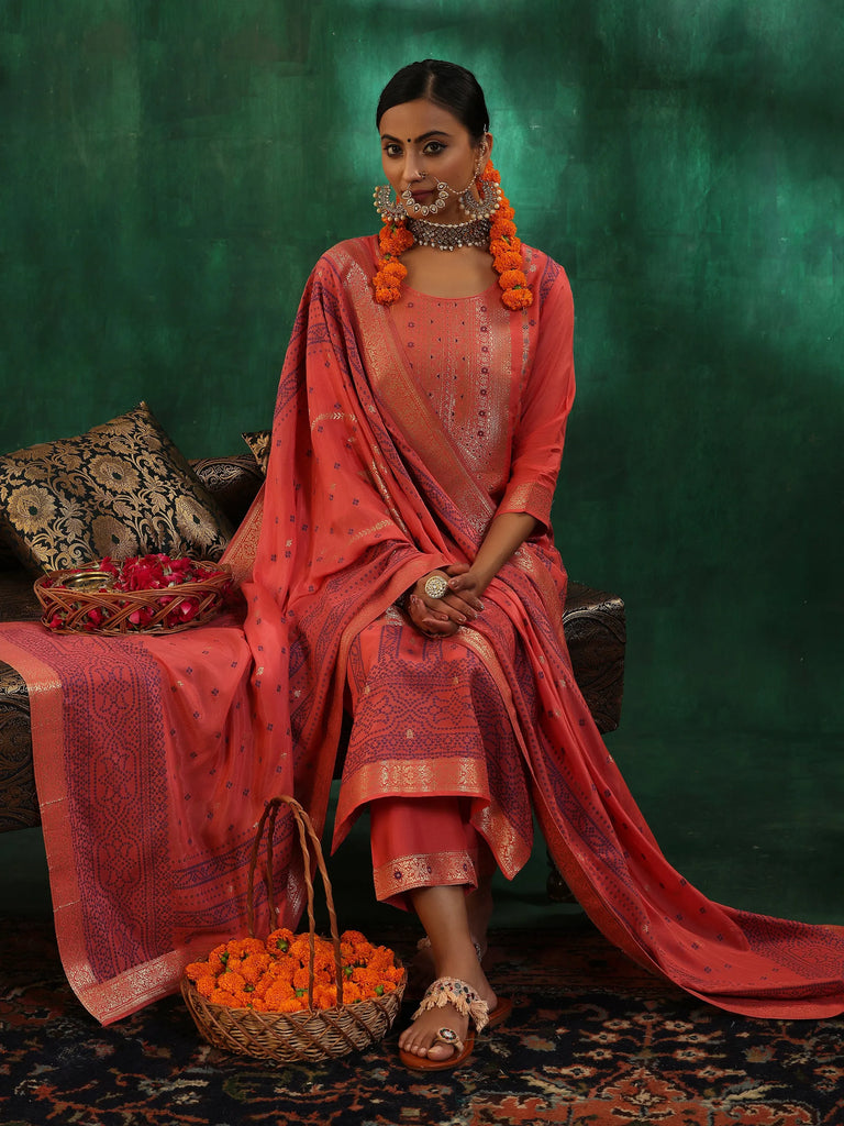 Libas Peach Woven Design Silk Blend Straight Suit With Dupatta