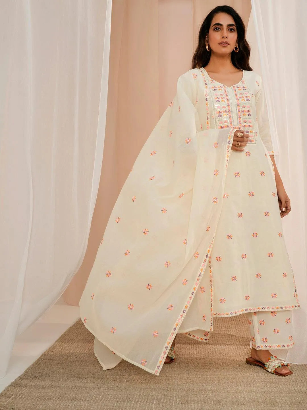 Off White Embroidered Cotton Straight Suit With Dupatta - Libas