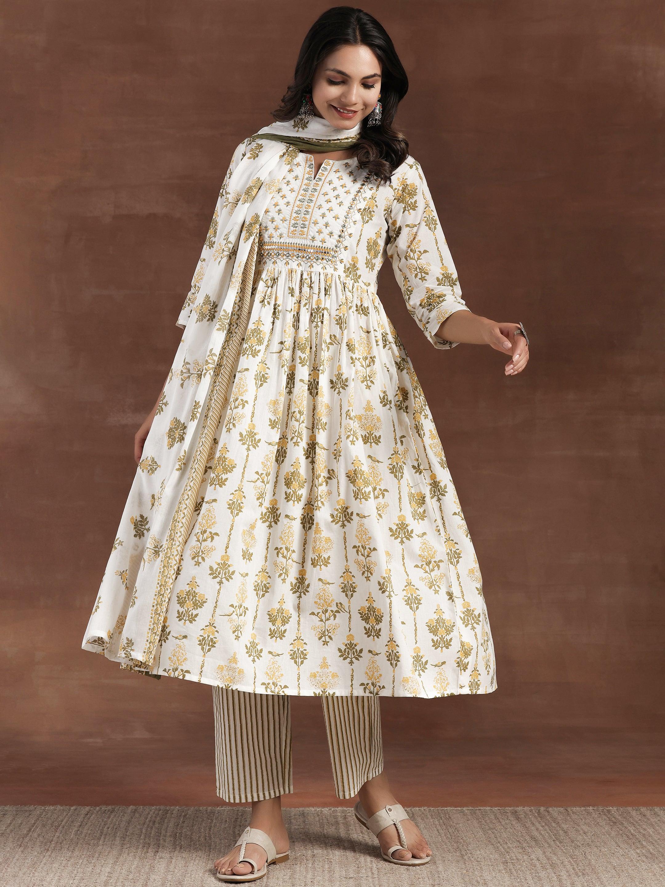 Off White Printed Cotton Anarkali Suit With Dupatta