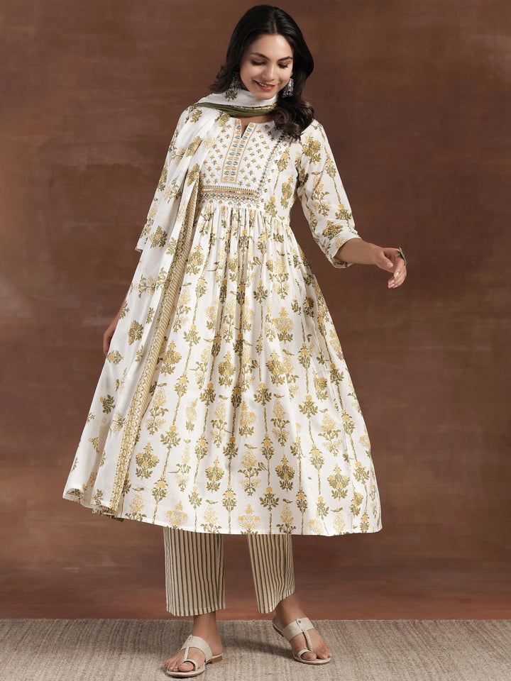 Off White Printed Cotton Anarkali Suit With Dupatta - Libas