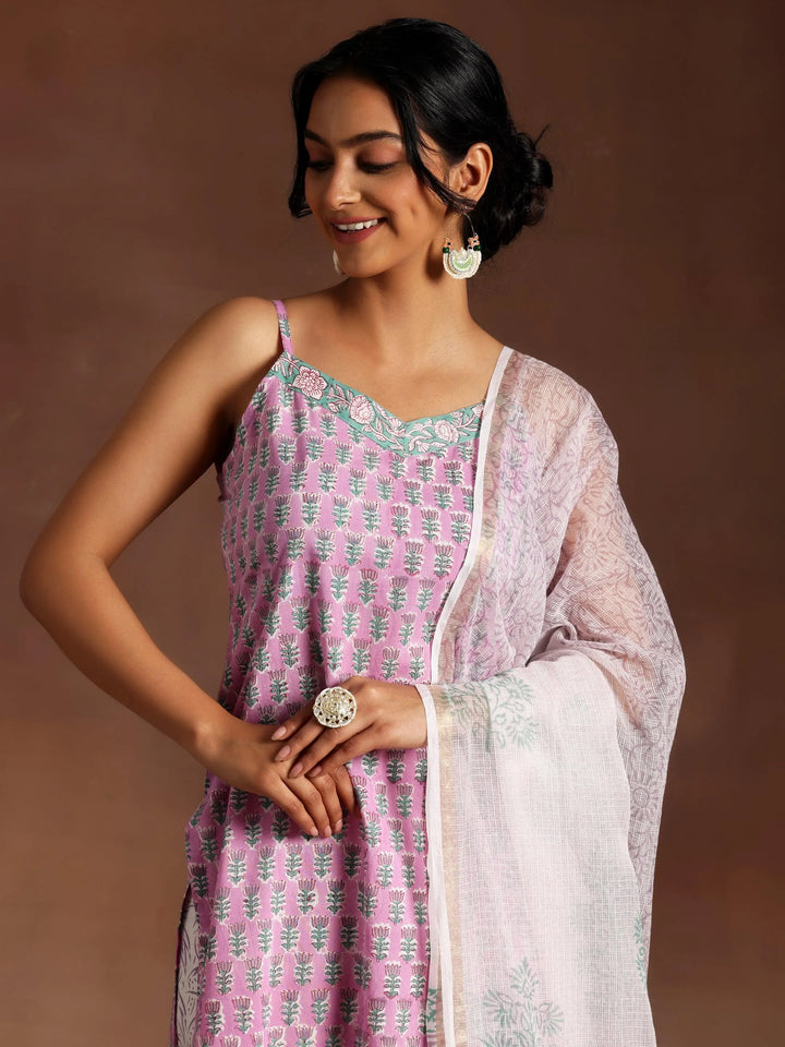 Pink Printed Cotton Straight Suit With Dupatta - Libas