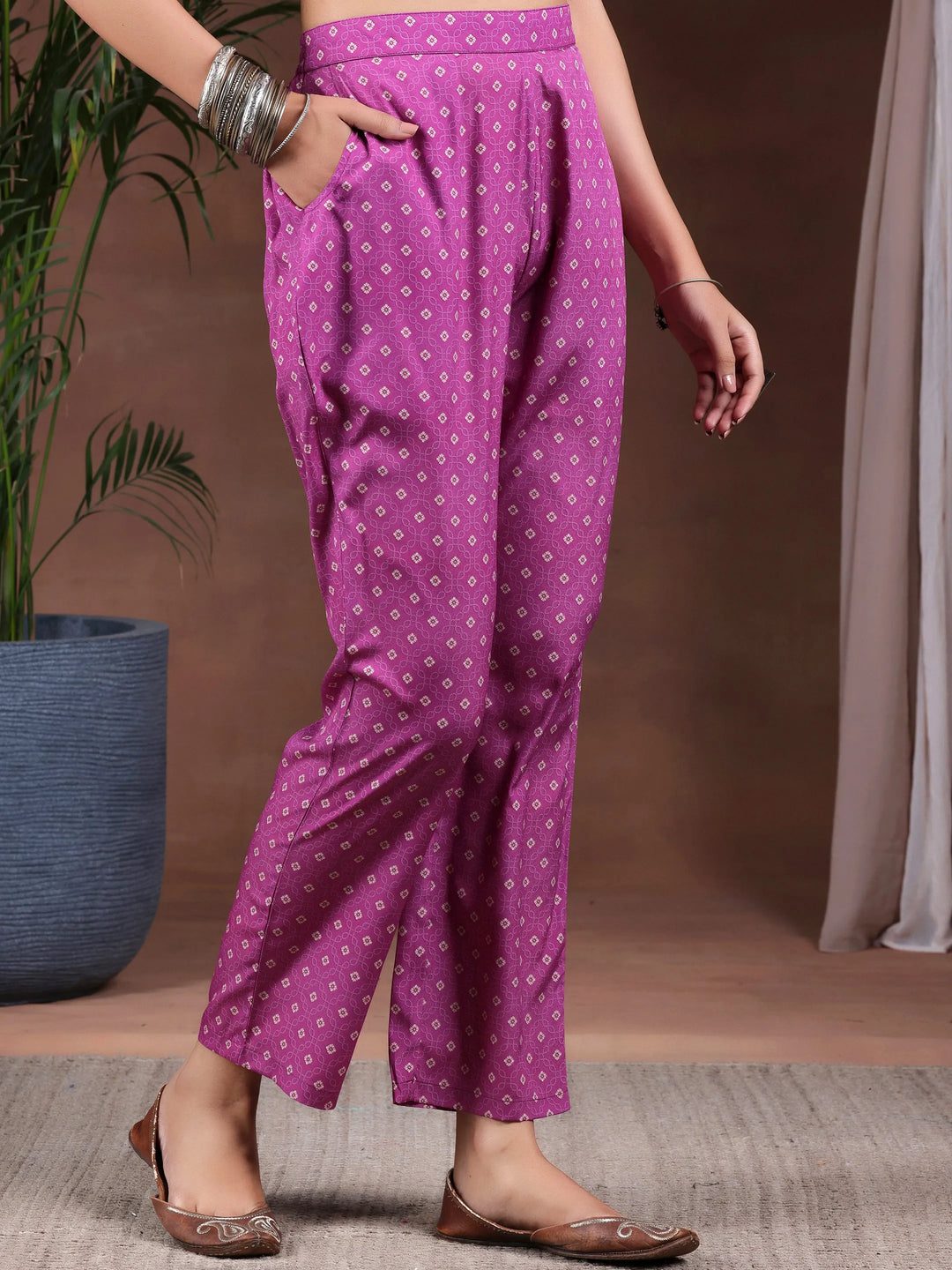  Wine Printed Poly Crepe Straight Kurta Set 