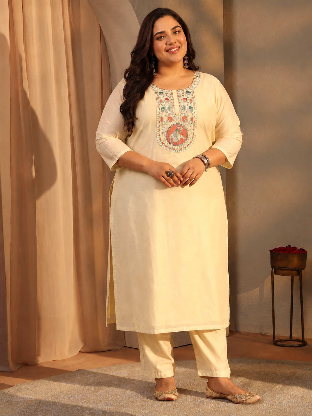  Plus Size Off White Ethnic Motif Printed Chanderi Silk Straight Suit Set 