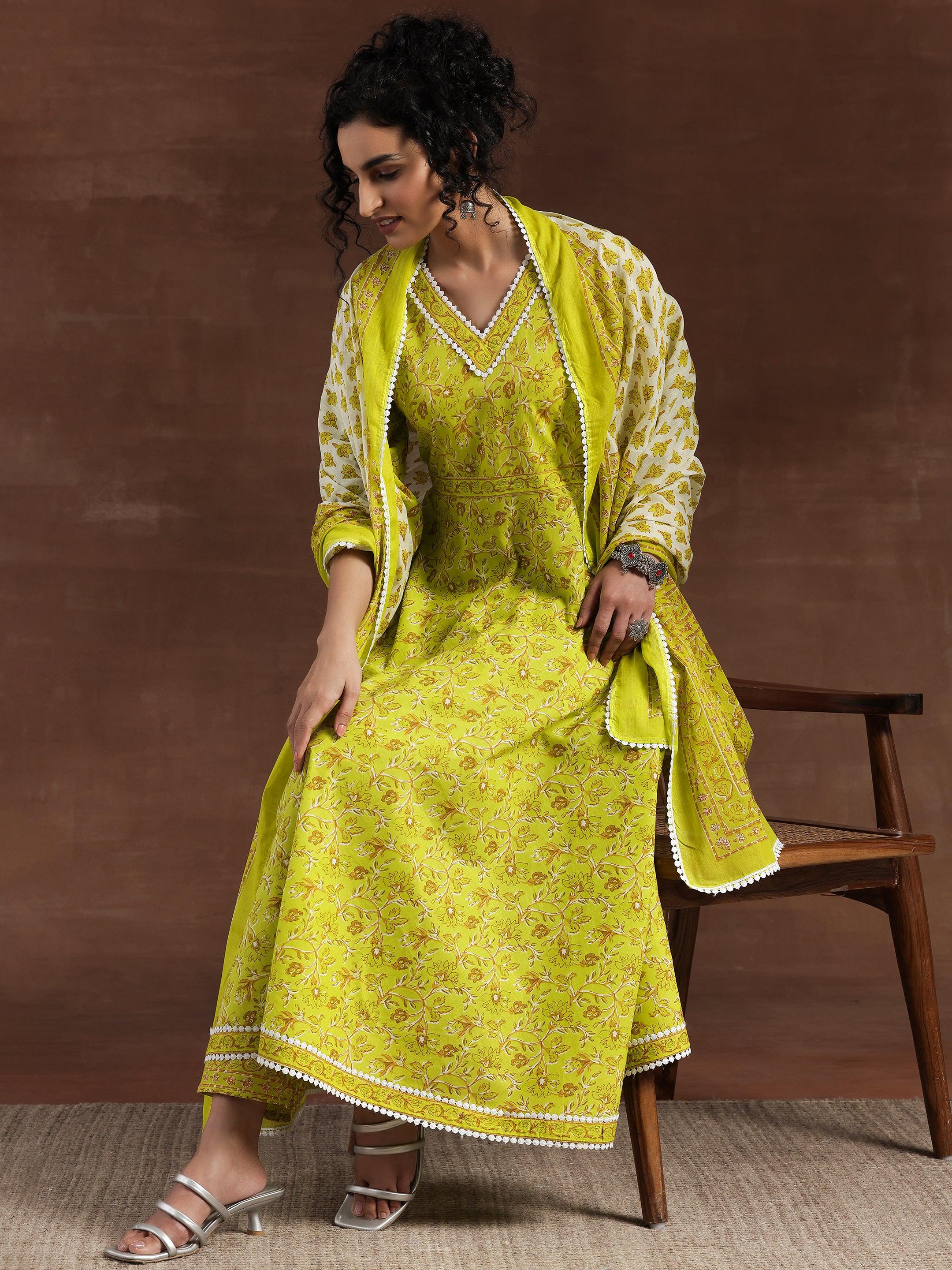 Green Printed Cotton Anarkali Suit With Dupatta