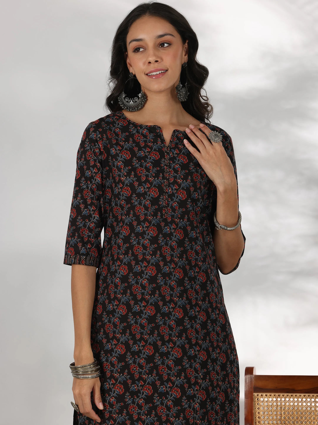  Black Printed Cotton Straight Suit With Dupatta 