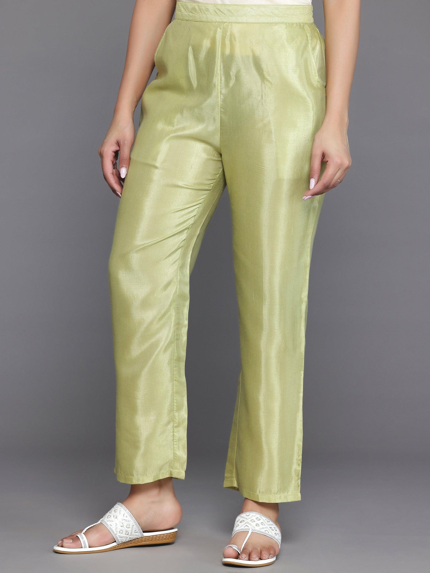 Green Printed Silk Blend A-Line Kurta With Trousers - Libas