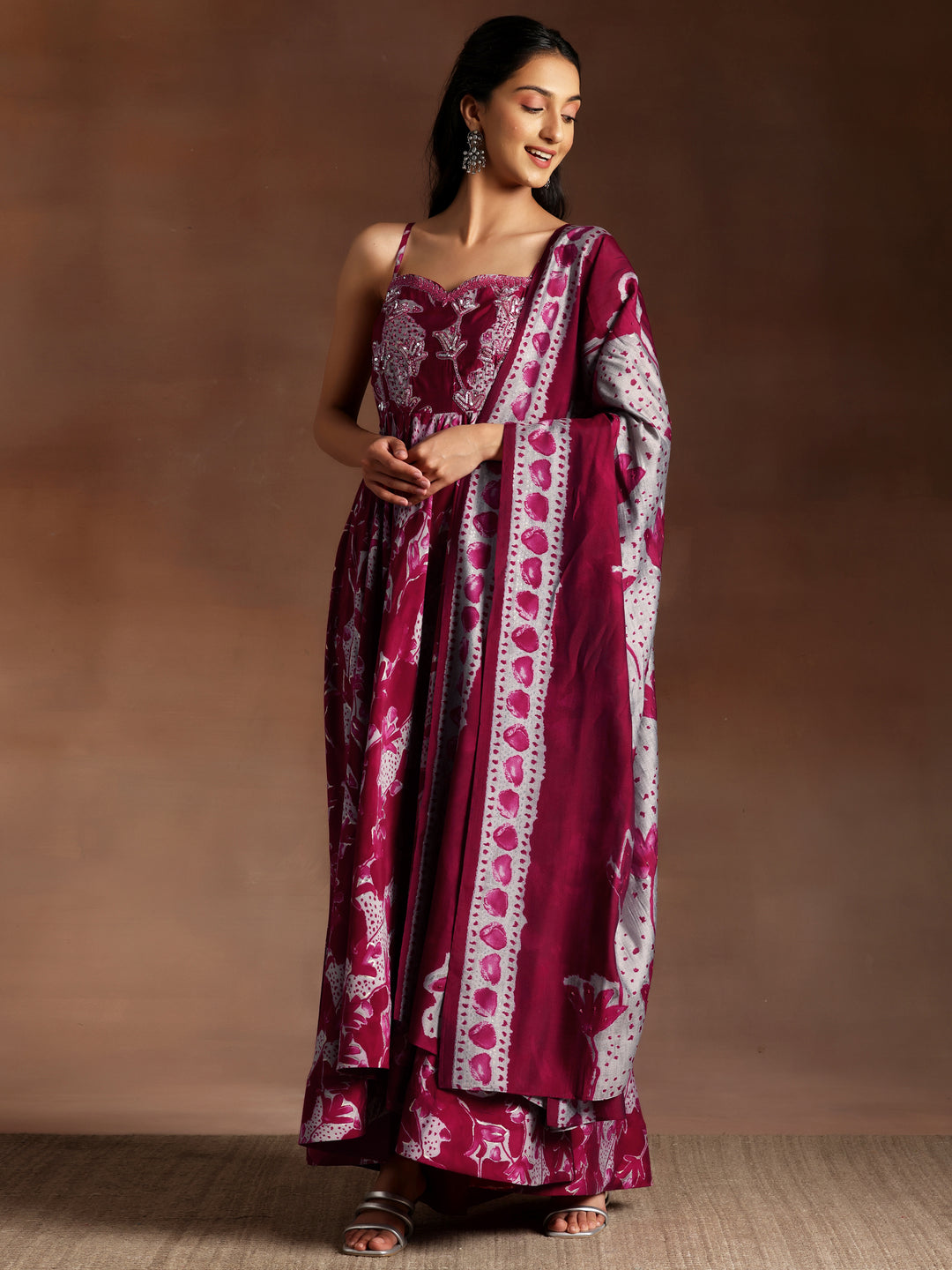  Pink Printed Silk Blend Anarkali Suit With Dupatta 