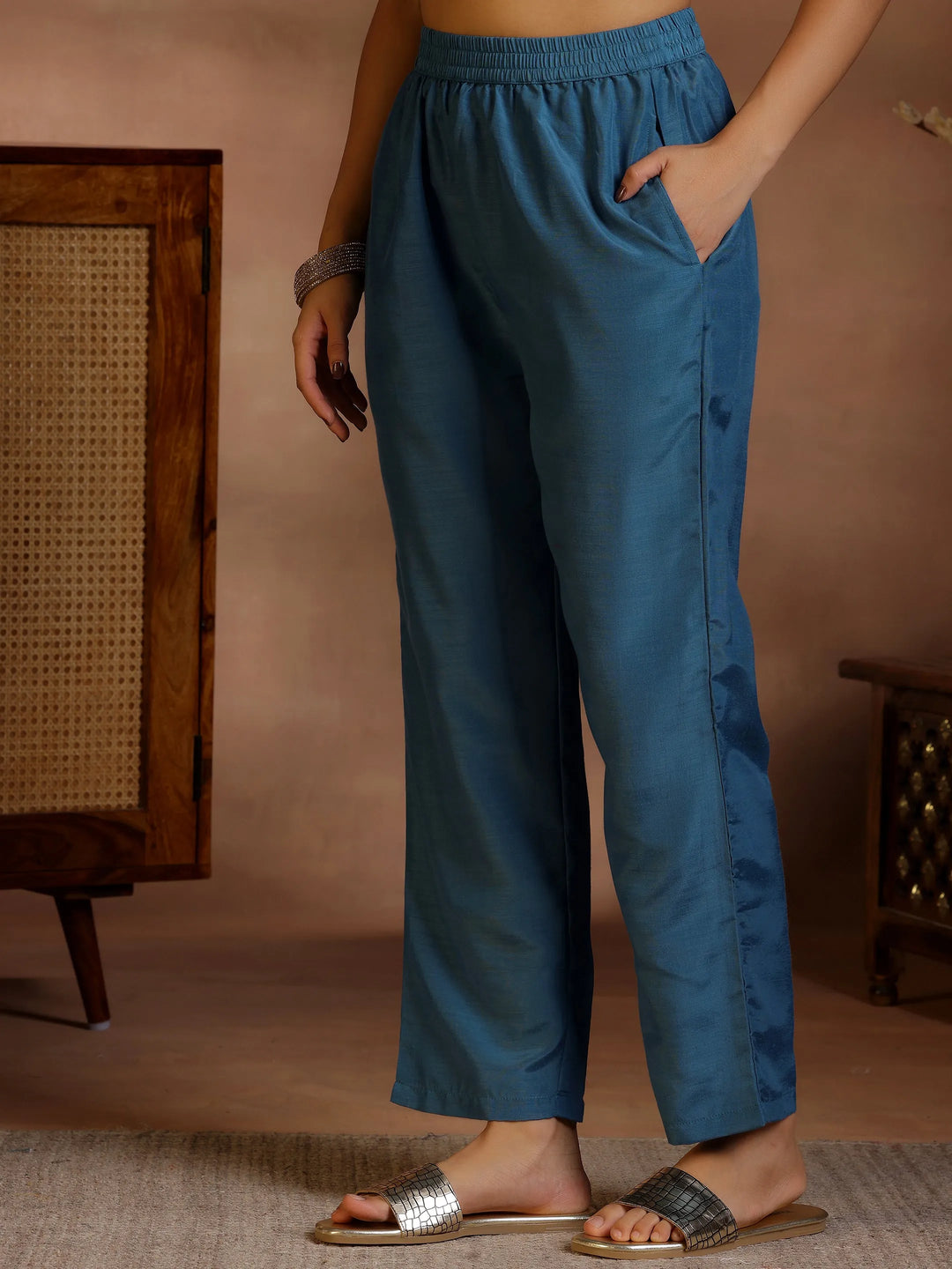  Blue Printed Silk Blend Straight Suit With Dupatta 