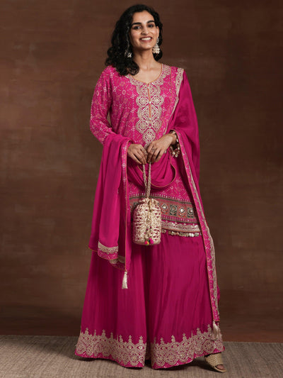 Libas Art Pink Printed Silk Blend Straight Suit With Dupatta - Libas