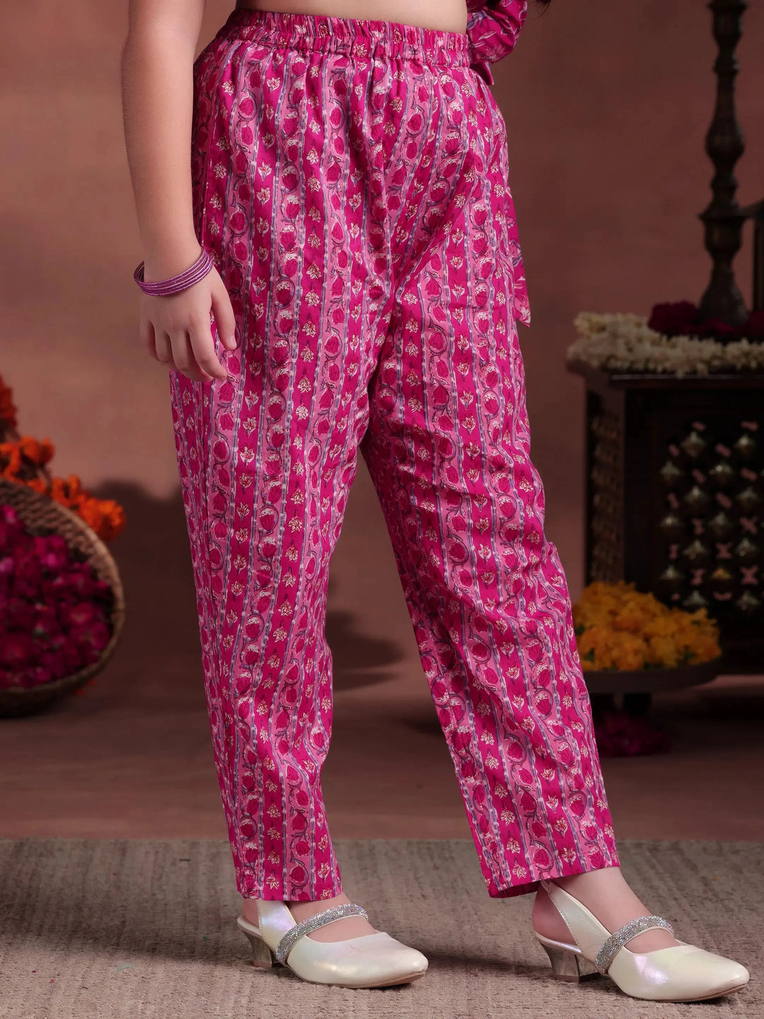  Kids Pink Printed Cotton A-Line Kurti With Trousers & Dupatta 