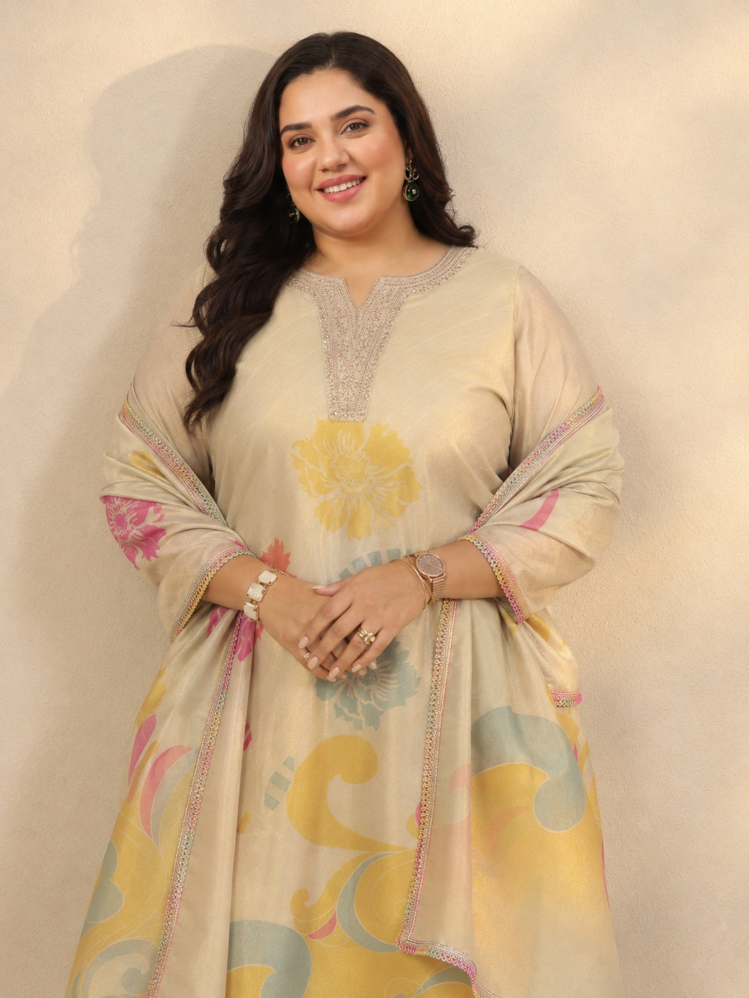  Plus Size Gold Abstract Printed Silk Blend Straight Suit Set 