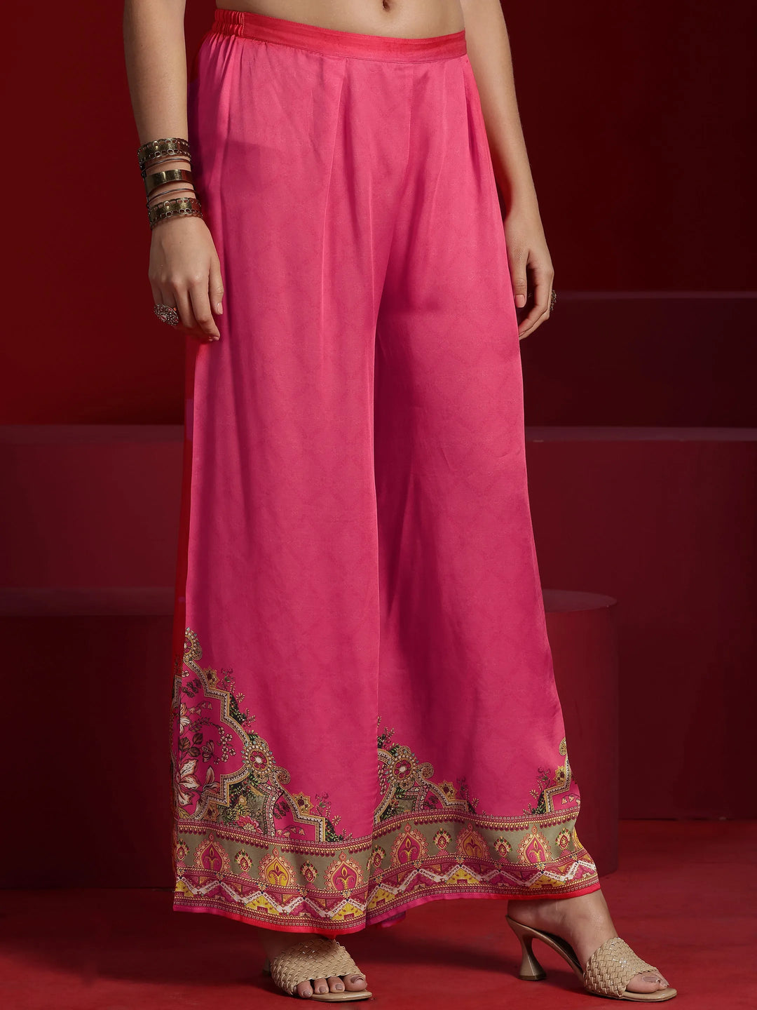  Libas Art Coral Printed Silk Blend Kaftan Kurta With Palazzos 