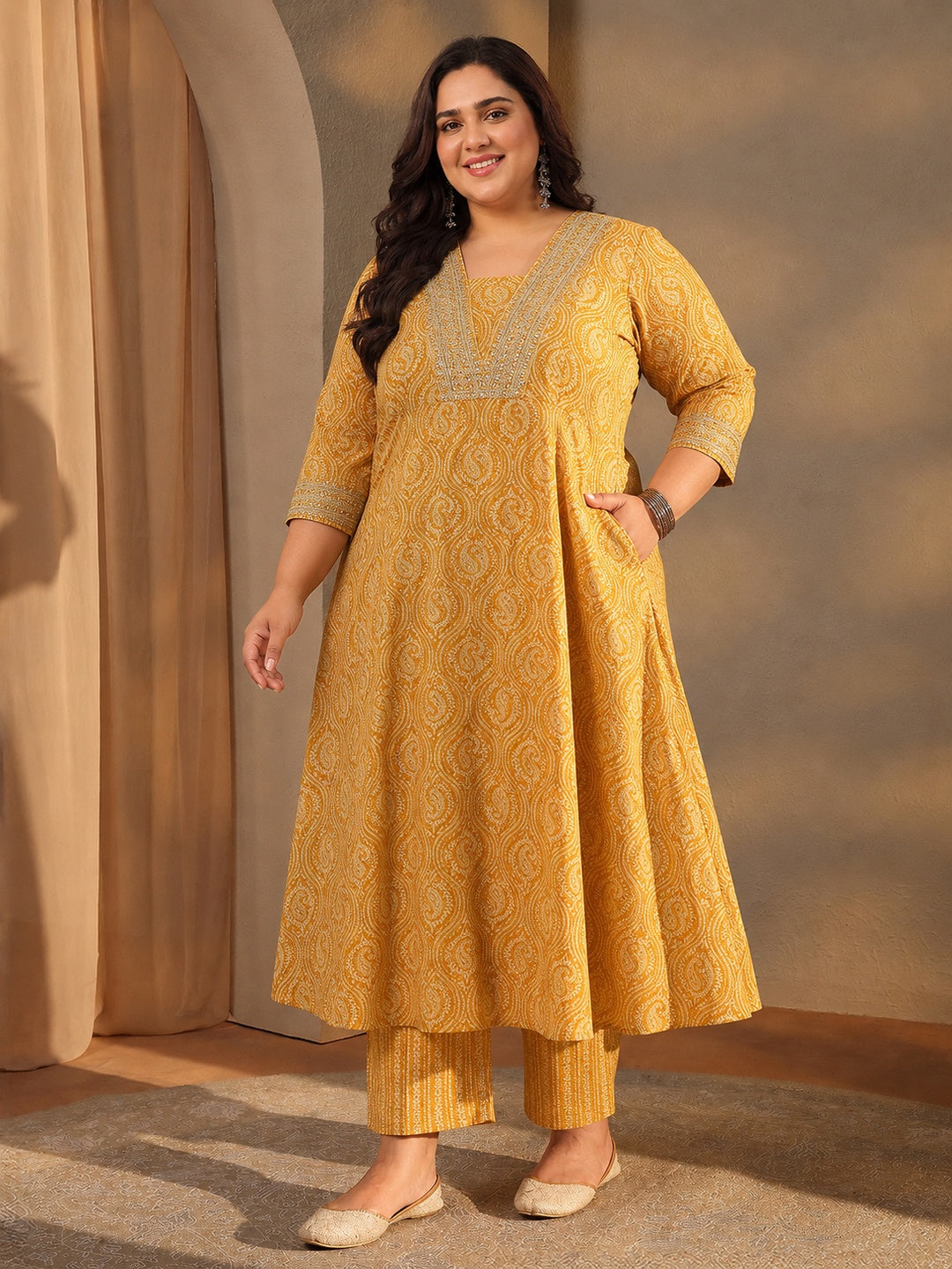  Plus Size Mustard Paisley Printed Cotton Blend Anarkali Suit Set 