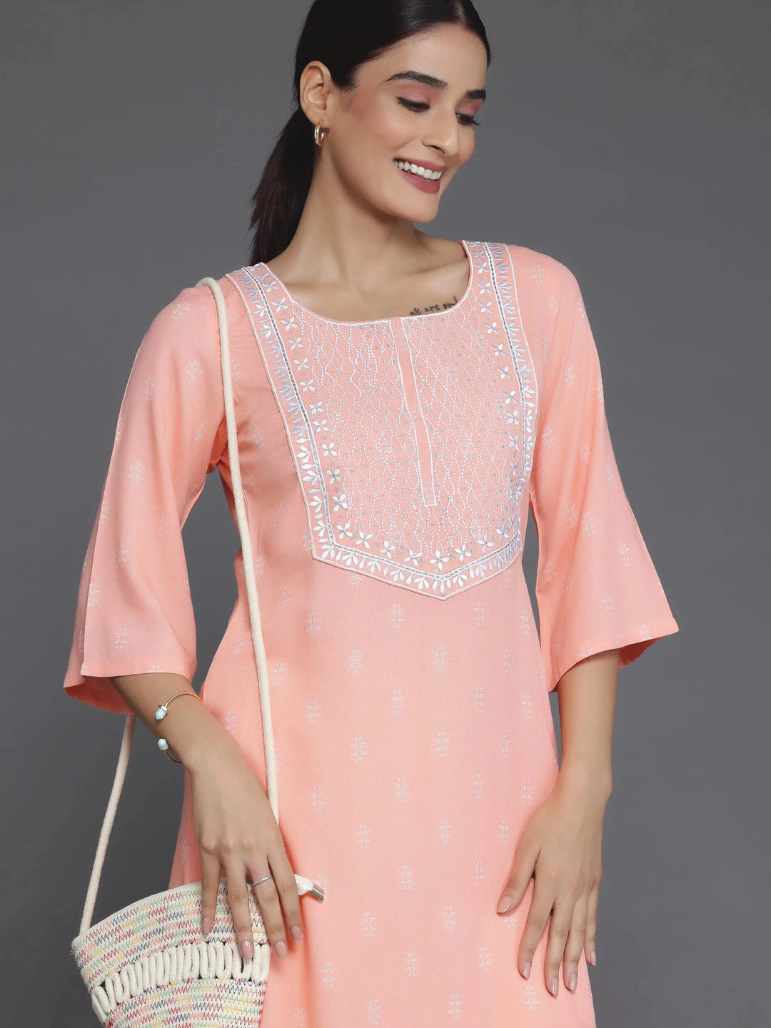  Peach Woven Design Rayon Straight Kurta 