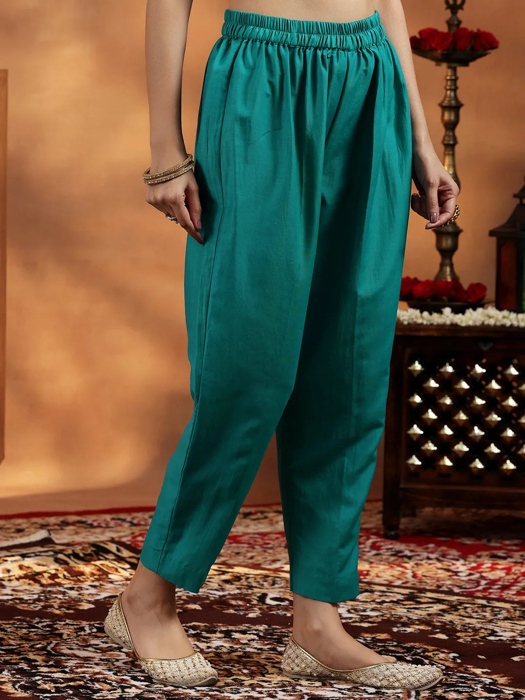 Rama Green Embroidered Silk Blend Anarkali Suit With Dupatta 