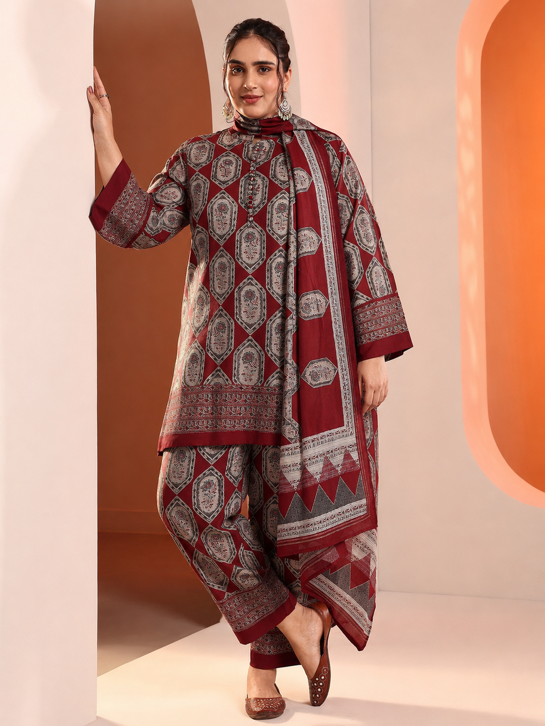  Plus Size Red Printed Silk Blend Straight Suit Set 