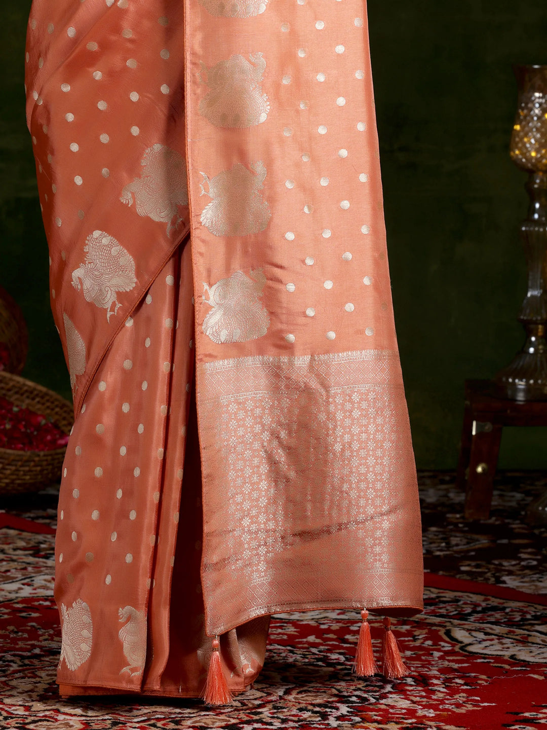  Peach Woven Design Silk Blend Saree With Unstitched Blouse Piece 