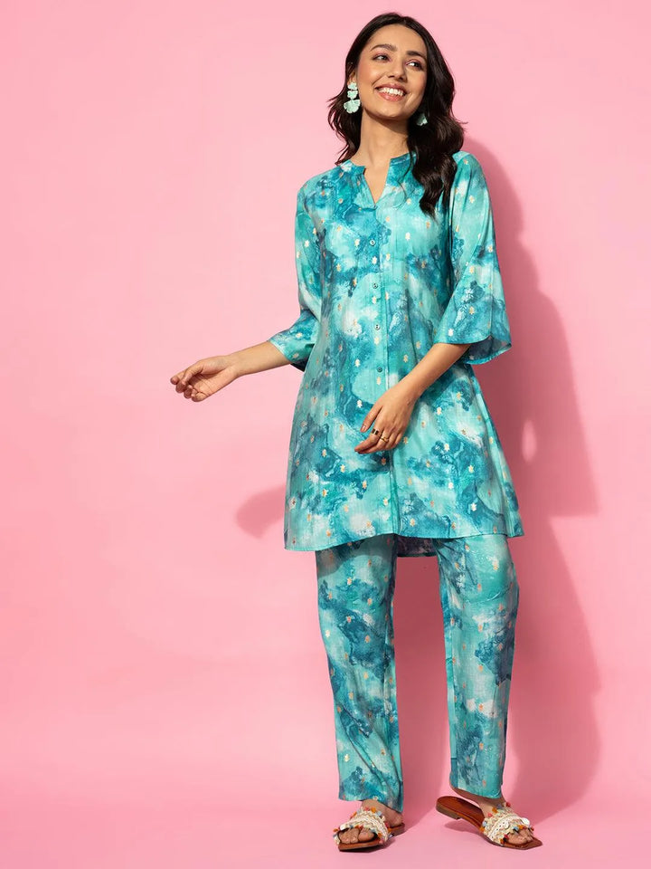 Blue Printed Silk Blend Co-Ords - Libas