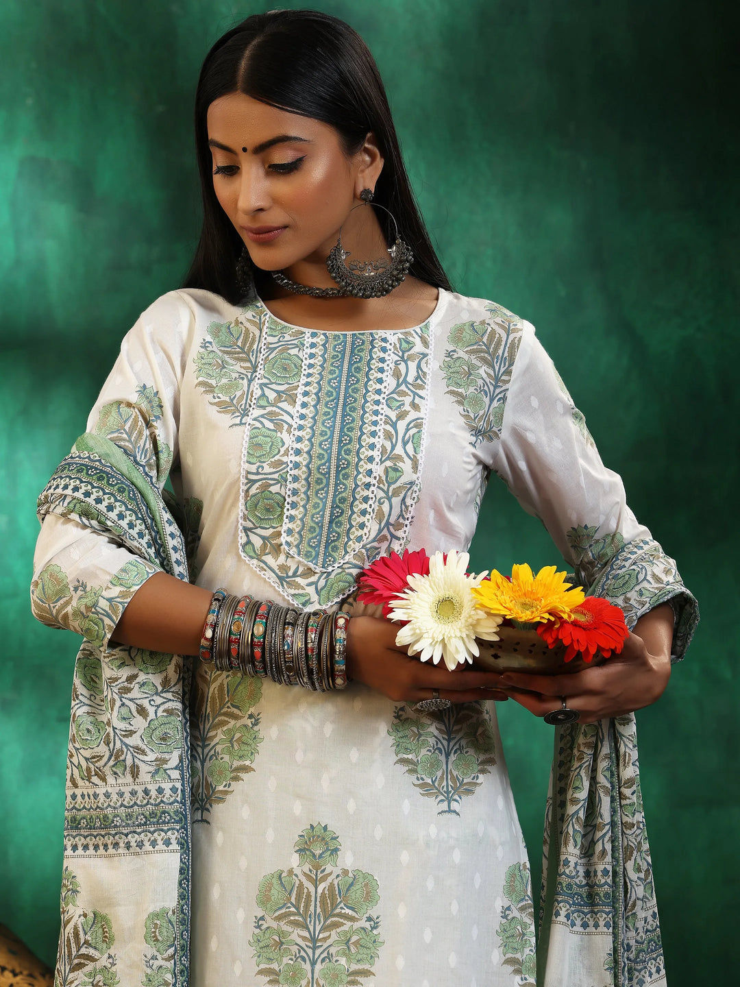  Off White Printed Cotton Straight Suit With Dupatta 