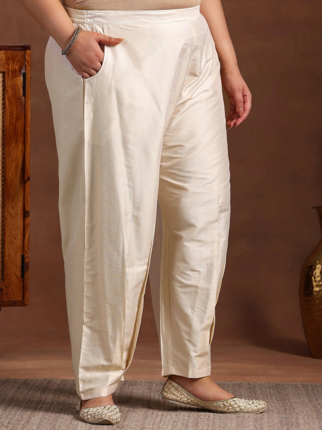 Plus Size Off White Yoke Design Silk Blend Straight Suit With Dupatta - Libas 