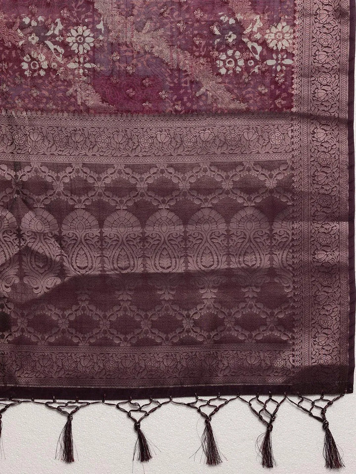 Wine Woven Design Brocade Saree With Unstitched Blouse Piece - Libas