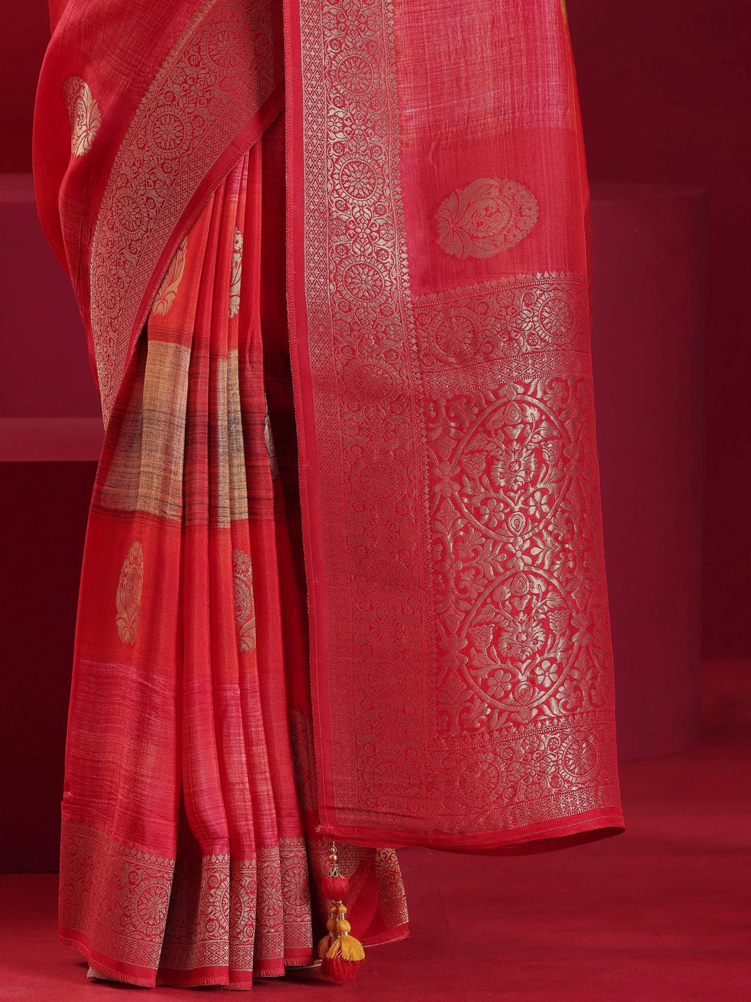 Libas Art Red Woven Design Satin Saree With Unstitched Blouse Piece - Libas 