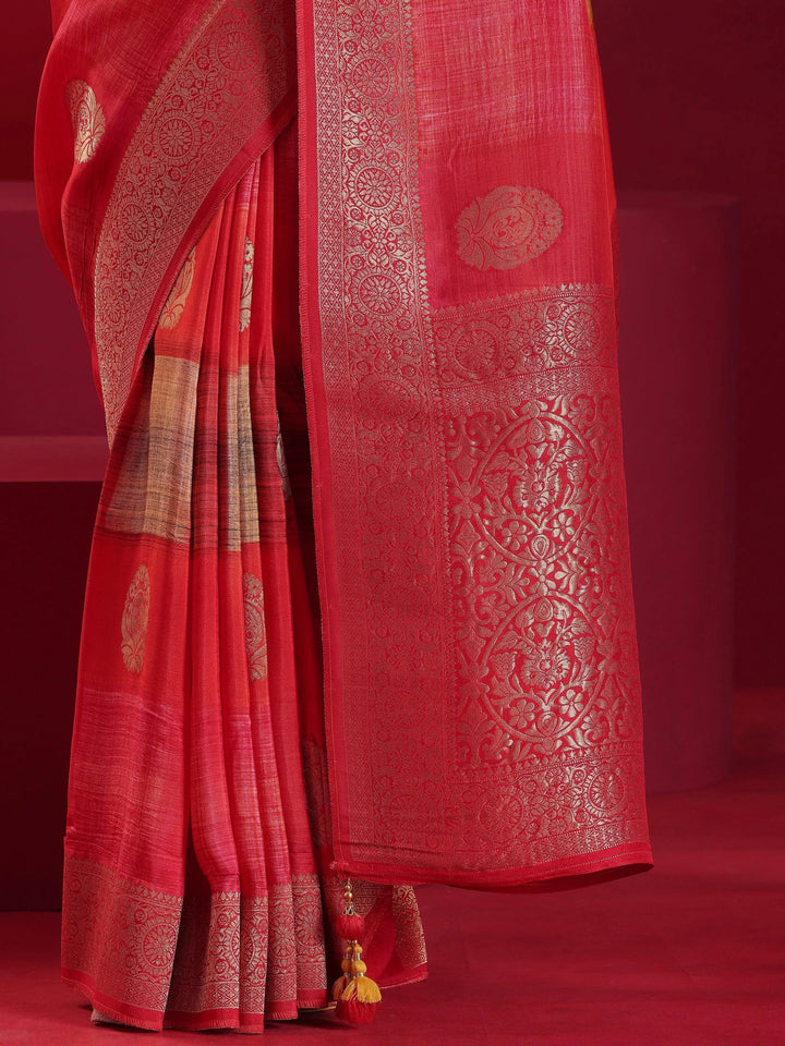 Libas Art Red Woven Design Satin Saree With Unstitched Blouse Piece - Libas