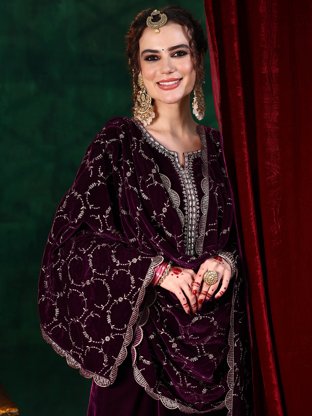  Burgundy Yoke Design Velvet Straight Suit With Dupatta 