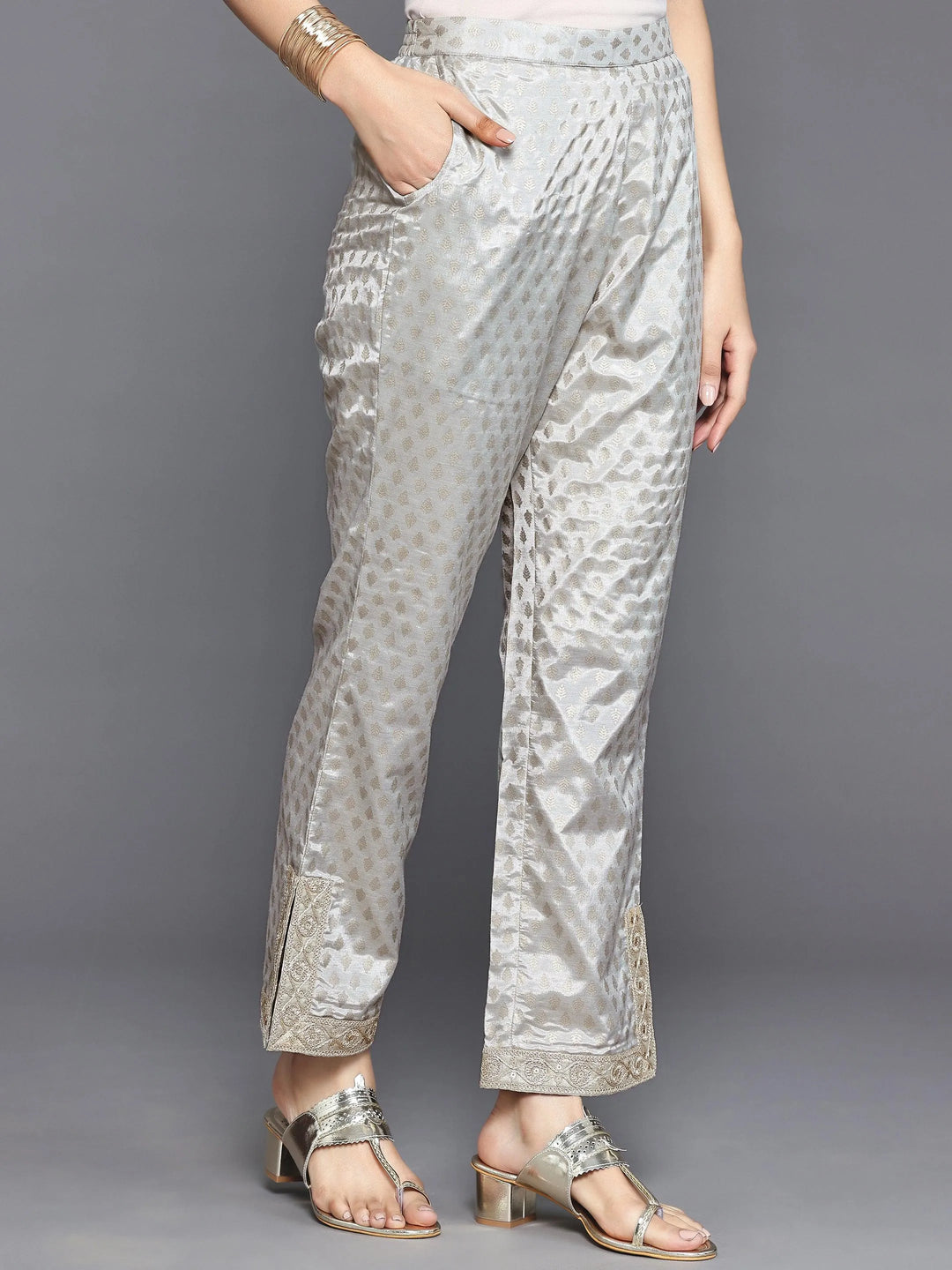 Grey Printed Silk Blend Straight Kurta Set - Libas 