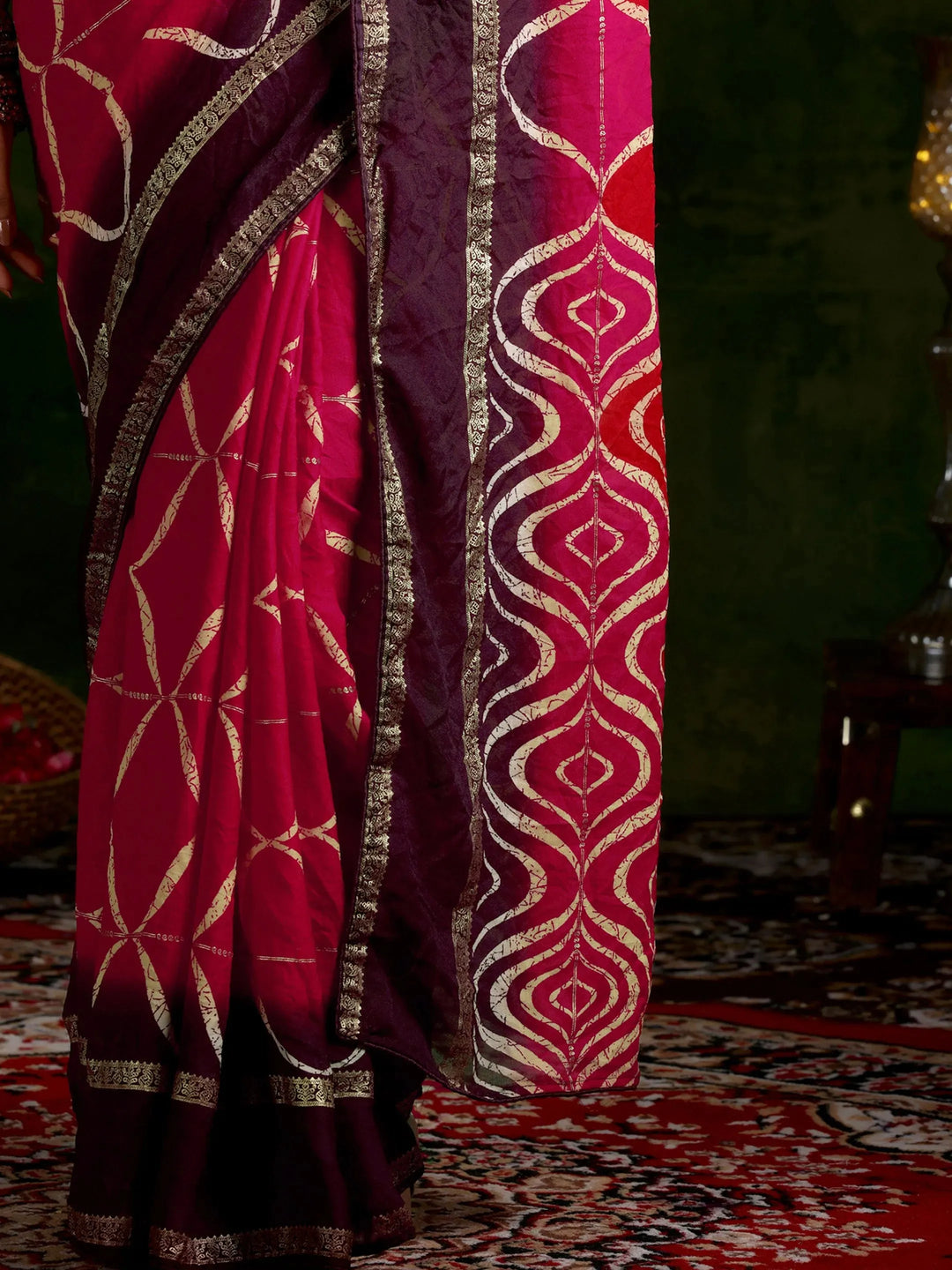  Pink Printed Chiffon Saree With Unstitched Blouse Piece 