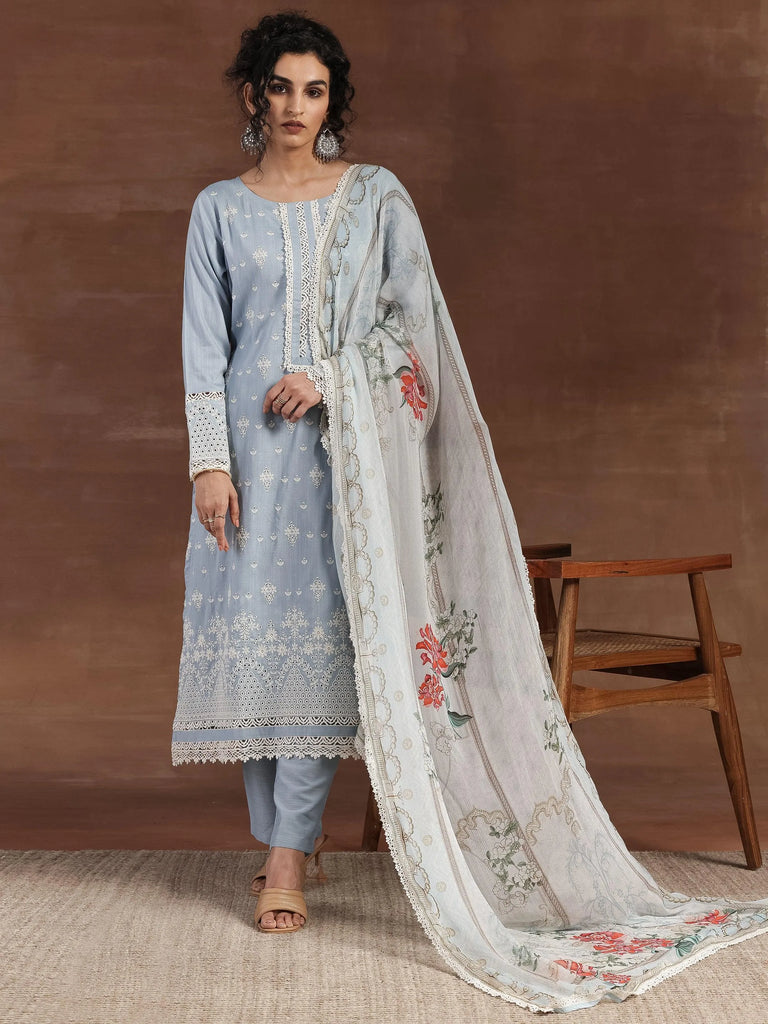 Libas Blue Embroidered Silk Blend Straight Suit With Dupatta