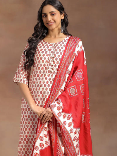 Beige Printed Silk Blend Straight Suit With Dupatta - Libas