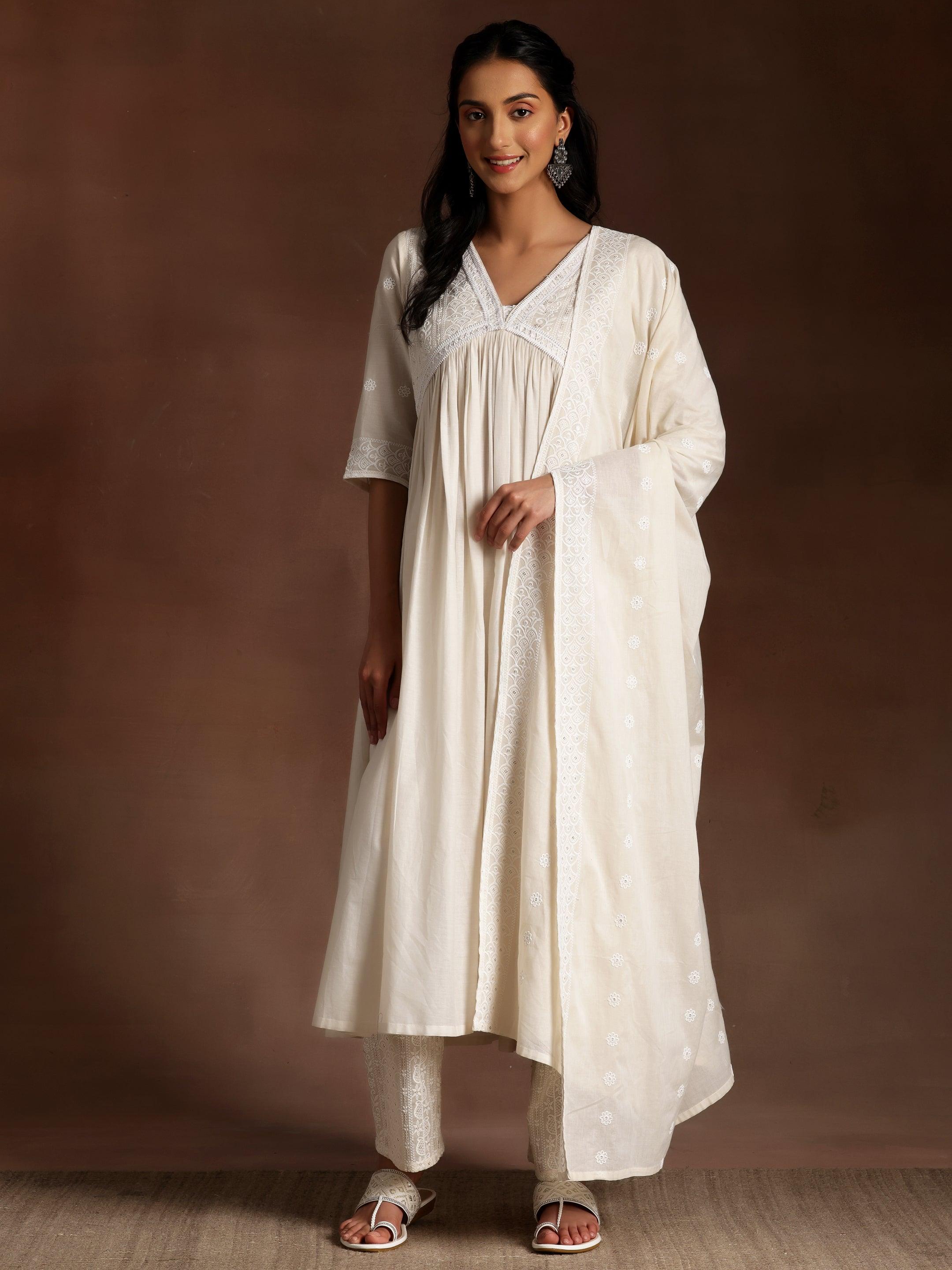 Alizeh Off white Embroidered Cotton A-Line Kurta With Palazzos & Dupatta