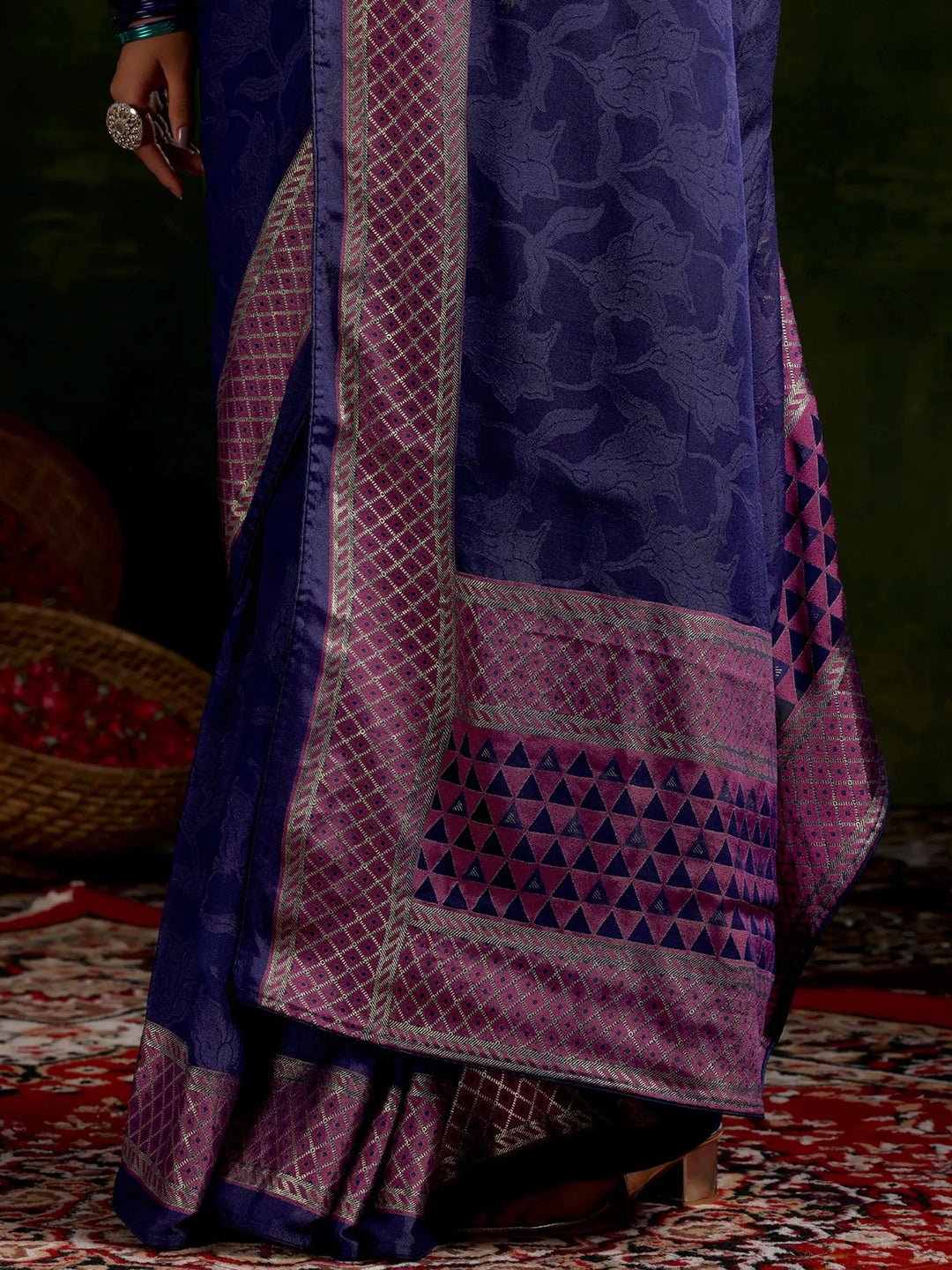  Blue Printed Silk Blend Saree With Unstitched Blouse Piece 