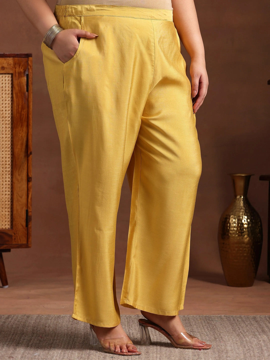 Plus Size Yellow Yoke Design Silk Blend A-Line Kurta With Trousers - Libas 